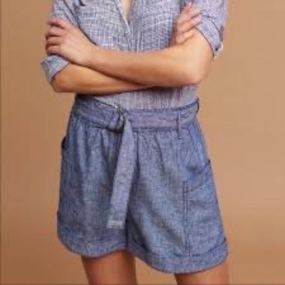 Anthropologie Hei Hei‎ Marnie Blue NWOT Linen D Ring Belted Shorts Sz S